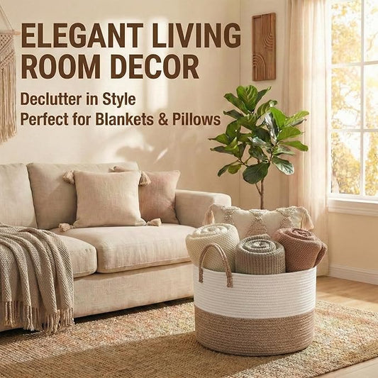 65L Extra Large Blanket Basket for Living Room - Woven Cotton Rope Laundry Hamper with Reinforced Handles - Storage Bin for Pillows, Comforters & Toys - Machine Washable,White&Brown