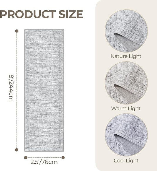 Kitchen Runner Rug Non Slip - 2.5 x 8 Runners for Hallways, Entryway, Bedroom, Washable Runner Rugs for Bathroom, Laundry Room, Low Pile Soft Vintage Area Rug(2.5'x8', Grey/Ivory)