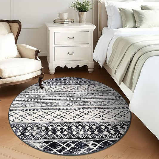 KUTA Washable Rugs Round 5Ft Black Navy Blue Boho Area Rug for Living Room, Moroccan Non-Slip Soft Geometric Circle Carpet for Bedroom Low-Pile Nursery Dorm Décor Throw