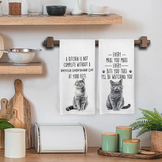 Funny British Shorthair Cat Kitchen Towels, British Shorthair Cat Mom Lady Lovers Gifts for Women Hand Towels, Pet Lover Gifts Dishcloths Dish Towel for Kitchen 16x24 Inches Set of 2