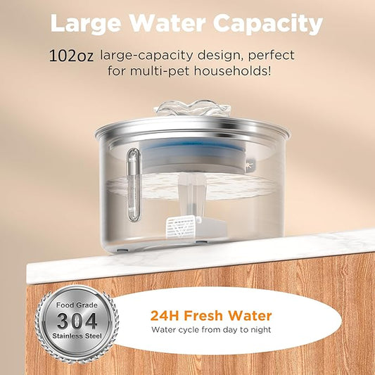 Cat Water Fountain Stainless Steel, 102oz/3L Automatic Pet Water Fountain with 6 Replacement Filters & 6 Pre-Filter Sponges for Cats, Dogs (Cat Fountain + 6 Filters + 6 Sponges)