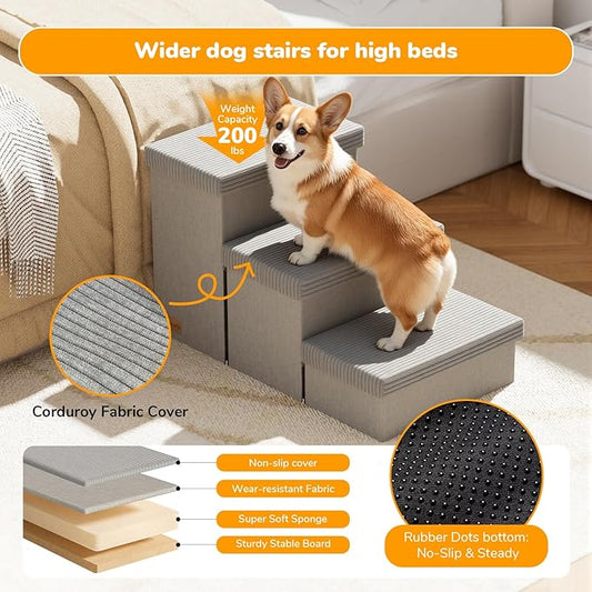 3-Step Wide Dog Stairs 18" H with Removable Cover, Non-Slip Storage Pet Steps for High Bed Couch, Pet Stairs for Small/Medium/Large Old Dogs Puppy Up to 200lbs, Cat Dog Steps for Car, Grey