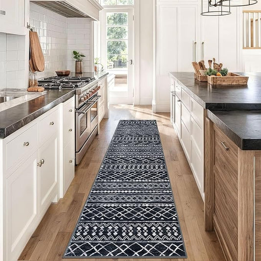 KUTA Boho Runners for Hallways 2x8 Black Moroccan Washable Runner Rug Non-Slip Vintage Kitchen Rugs Ultra Soft Distressed Geometric Floor Carpet for Bedroom Laundry Living Room