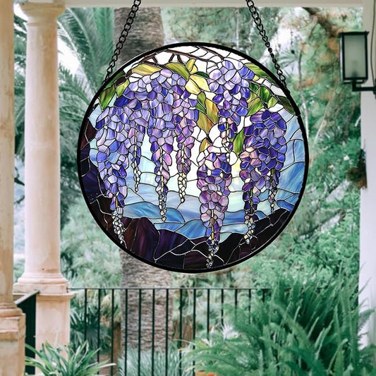 Stained Glass Window Hanging, Wisteria Flower Sun Catcher for Door Home Decor Purple and Blue Suncatcher Christmas Mother's Day Birthday Gifts for Women Men Mom and Nana 9.8 in