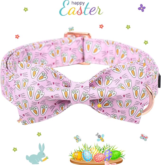 Maca Bates Rabbit Foot Dog Collar with Fancy Bow Tie for Large Girl Boy Dogs, Pink Bunny Pattern,Adjustable Durable Soft Breakaway Collars Easter Day Gift for Male Female Puppy