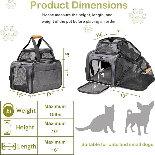 JUNGYOON Cat Carrier, Expandable Airline-Approved Soft-Sided Pet Travel Bag for Cats, Small Dogs & Small Pets, Breathable Mesh Design with Multi-Pockets & Fleece Pad (Light Grey)