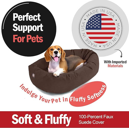 Majestic Pet 32 Inch Suede Calming Dog Bed Washable – Cozy Soft Round Dog Bed w/Spine Support for Dogs to Rest Head - Fluffy Donut Dog Bed 32x23x7 (Inch) - Round Pet Bed Medium – Chocolate (2025)