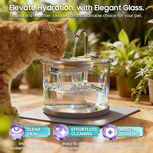 Ultra-Quiet Clear Glass Pet Fountain - 70oz/2.1L for Small Dogs & Cats,Automatic Water Dispenser with 3-Stage Filter & 3 Spray Heads | Dishwasher Safe,Indoor Use