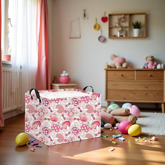 HIYAGON Rectangular Easter Basket Pink Bunny Easter Basket for Kids Gift Basket Empty Baby Girl Storage Baskets Toy Basket Cute Storage Bin Organizer Box Bunny Room Decor for Books(Pink Bunny)