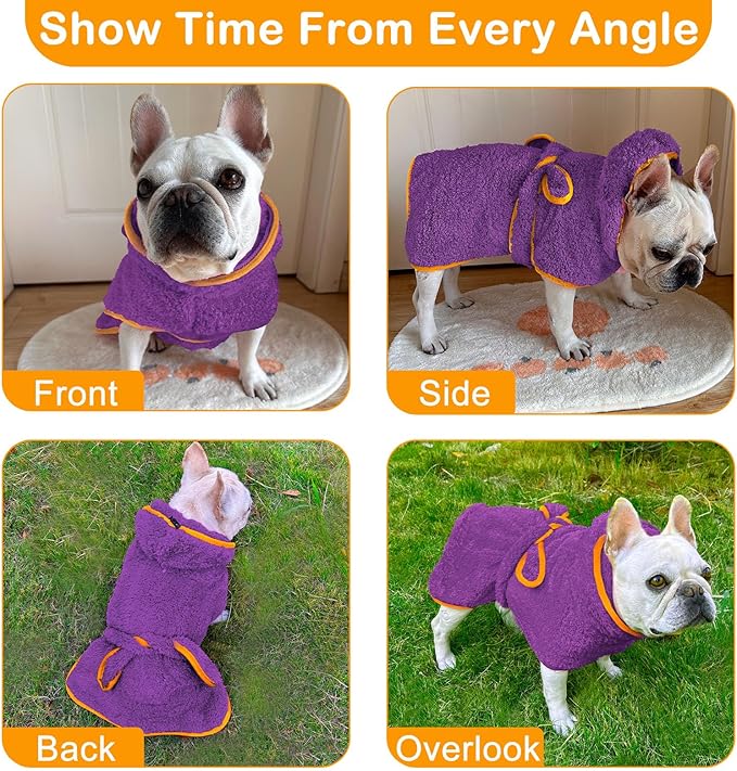 Bienbee Soft Dog Bathrobe,Super Absorbent & Quick-Drying Dog Robe with Hood, Cozy Drying Coat for After Bath, Purple XL