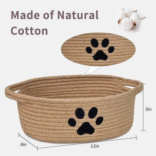 ABenkle Small Woven Basket with Handle, Cute Dog Baskets for Gifts Empty, Decorative Rope Woven Storage Dog Toy Basket, Nursery Baskets for Baby Shower, 12" x 8" x 5"