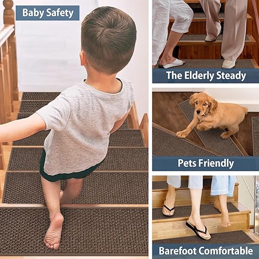 Peel and Stick Self Adhesive Jute Carpet Stair Treads, 15 Pack Rubber Backed Basement Safety Stair Mats, Non Slip Stair Cover Step Pads for Stairs, Light Brown