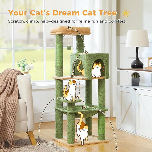 MUTTROS Cactus Cat Tree for Indoor Cats, 44.5" Multi-Level Cat Tower with Large Metal Frame Hammock, Cat Condo with 2 Scratching Posts and Top Perch for Small to Medium Cats, Green