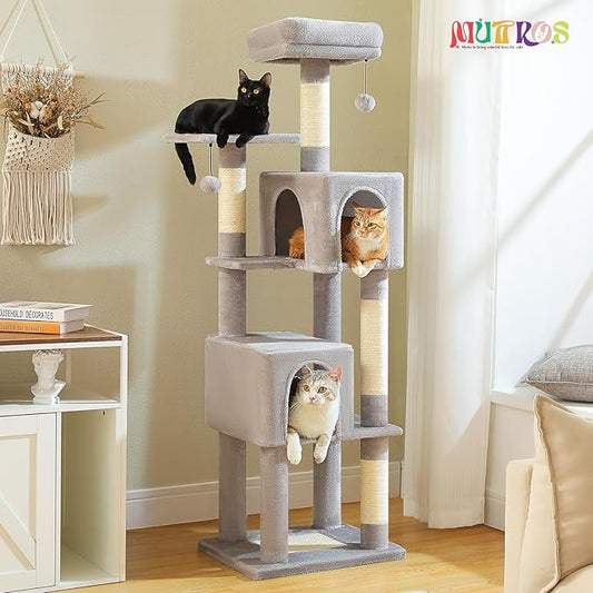 MUTTROS 62-Inch Cat Tree for Indoor Cats, Large Cat Tower with Scratching Posts for Large Cats, 2 Bigger Plush Condos, Padded Platform, Soft Cat Bed and Scratching Pad, 2 Pompoms, Gray