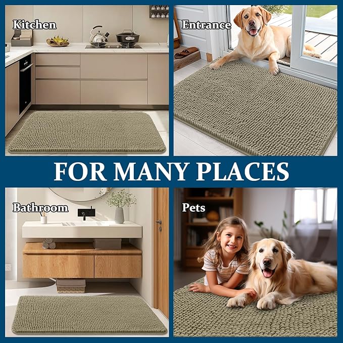 OLANLY Dog Door Mat for Muddy Paws 44x24, Absorbs Moisture and Dirt, Absorbent Non-Slip Washable Doormat, Quick Dry Chenille Mud Mat, Entry Indoor Entryway Carpet for Inside Floor, Warm Taupe