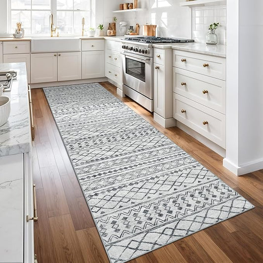 KUTA 3x10 Boho Hallway Runner Rug, Moroccan Grey Washable Kitchen Rugs Non Slip, Ultra Soft Print Distressed Geometric Entry Runner Low-Pile Throw Carpet for Bedroom Nursery Dorm Decor