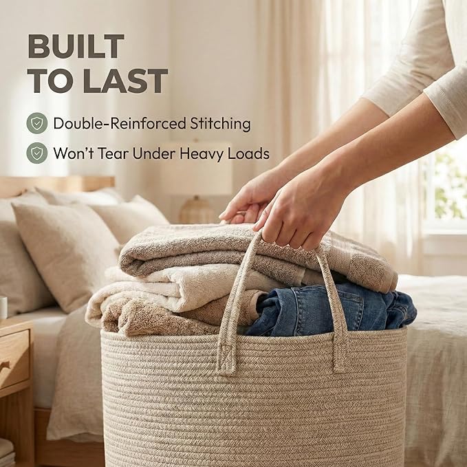 115L Extra Large Blanket Basket for Living Room - Woven Cotton Rope Laundry Hamper with Reinforced Handles - Storage Bin for Pillows, Comforters & Toys - Machine Washable,Oatmeal