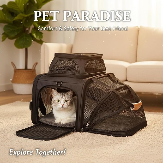 JUNGYOON Cat Carrier, Expandable Airline-Approved Soft-Sided Pet Travel Bag for Cats, Small Dogs & Small Pets, Breathable Mesh Design with Multi-Pockets & Fleece Pad (Light Grey)