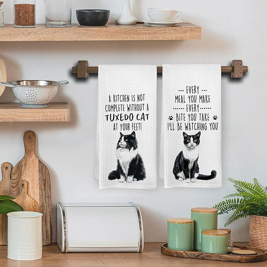 Funny Tuxedo Cat Kitchen Towels, Tuxedo Cat Mom Lady Lovers Gifts for Women Hand Towels, Gifts for Pet Lovers Dishcloths Dish Towel for Kitchen 16x24 Inches Set of 2