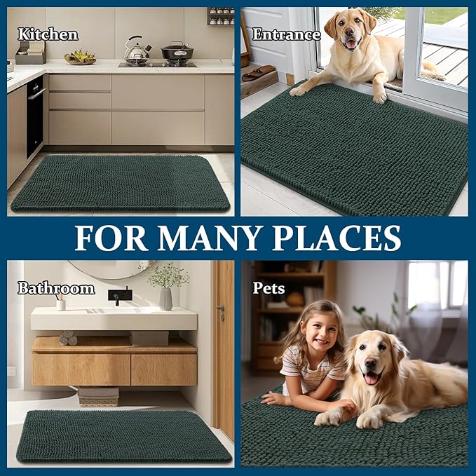 OLANLY Dog Door Mat for Muddy Paws 30x17, Absorbs Moisture and Dirt, Absorbent Non-Slip Washable Doormat, Quick Dry Chenille Mud Mat, Entry Indoor Entryway Carpet for Inside Floor, Blackish Green