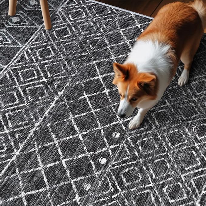 Washable 2.6x14 Runner Rug Moroccan: Hallway Rugs Non Slip Geometric Bedroom Rugs - Soft Long Low Pile Boho Carpet - Modern Floor Mats for Kitchen Entryway Laundry 2'6"x14' Black