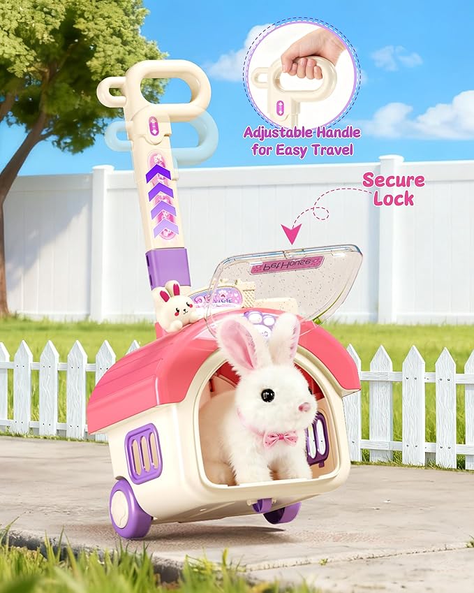 23Pcs Hopping Bunny Toy Set for Kids, Easter Interactive Electric Walking Rabbit with Rolling Carrier House, Pretend Play Pet Care Grooming & Feeding Kit, Stuffed Animal Gift for Toddlers 3-5