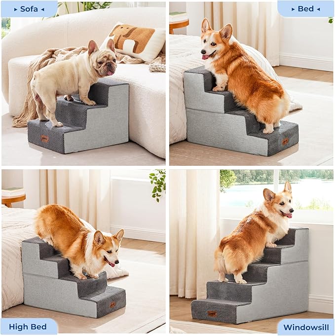 Dog Stairs for Small Dogs - Pet Stairs 2 in 1 with Zippers Suitable for Couch and Bed, 35D Foam Dog Steps with Non Slip Bottom Grey 4 Steps, Grey