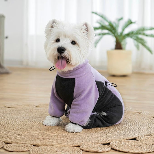 Fleece Dog Coat for Small Medium Dog,Pullover Pajamas Jumpsuit Bodysuit Puppy Coats with Legs, Pet Windproof Warm Cold Weather Jacket Full Body Vest Cozy Snowsuit Outfit Clothes (Purple, L)