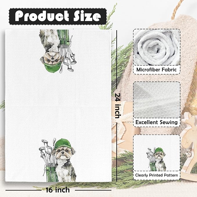 Golf Dog Kitchen Towels - Shih Tzu Dish Towels, Sports Gifts, Pet Golf Club Decorative Absorbent Dishcloths Hand Towels for Kitchen Gym Spa Decor 16x24 Inches