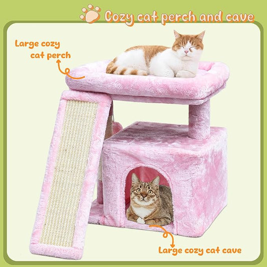Small Pink Cat Tree for Indoor Cats, Cute Cat Tower with Perch, Condo, House and Stable Stand for Kittens & Adult Pets(Pink)