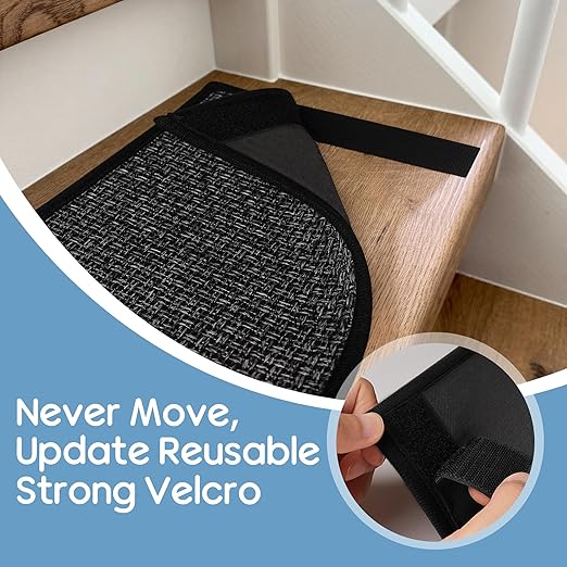 GOYLSER Peel and Stick Adhesive Stair Treads for Wooden Steps Indoor Set of 15 Pack, Rubber Backed Non Slip Jute Stair Rug Step Pads for Pet Dog, Elders and Kids, Black