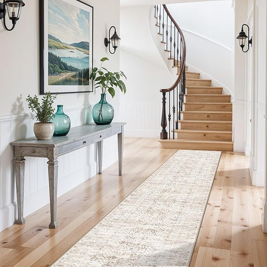 2'6x12 Washable Hallway Runner Rug - Vintage Kitchen Rugs with Non Slip Backing Low Pile Stain Resistant Carpets for Living Room Bedroom Entryway Soft Floor Mat for Laundry 2.6x12 Beige Brown