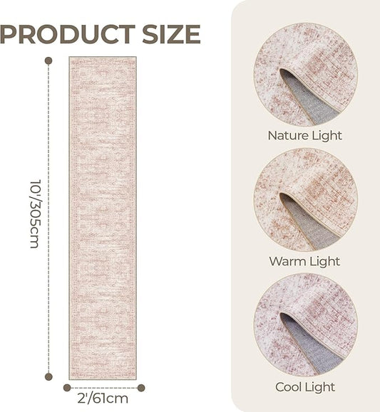 Long Bathroom Rugs Runner - Washable Runner Rugs for Hallway 2x10, Ultra-Thin Soft Kitchen Carpet Runner, Anti Slip Backing Runner Rugs for Entrance, Bedroom, Living Room(2'x10', Pink/Ivory)