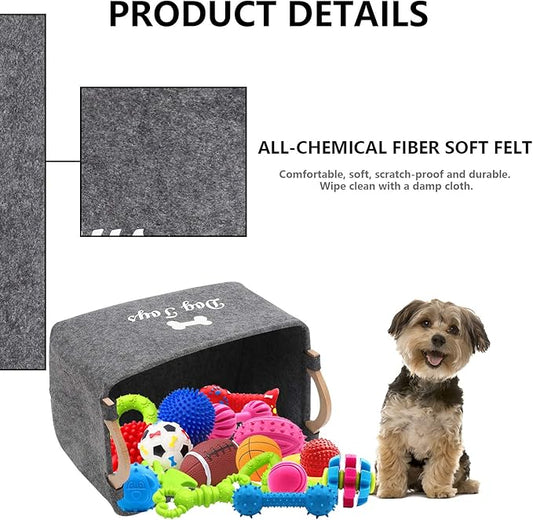Geyecete Dog Toys Storage Bins - with Wooden Handle, Collapsible Pet Supplies Storage Basket Pet Supplies Storage Basket/Bin Kids Toy Chest Storage Trunk (Grey)