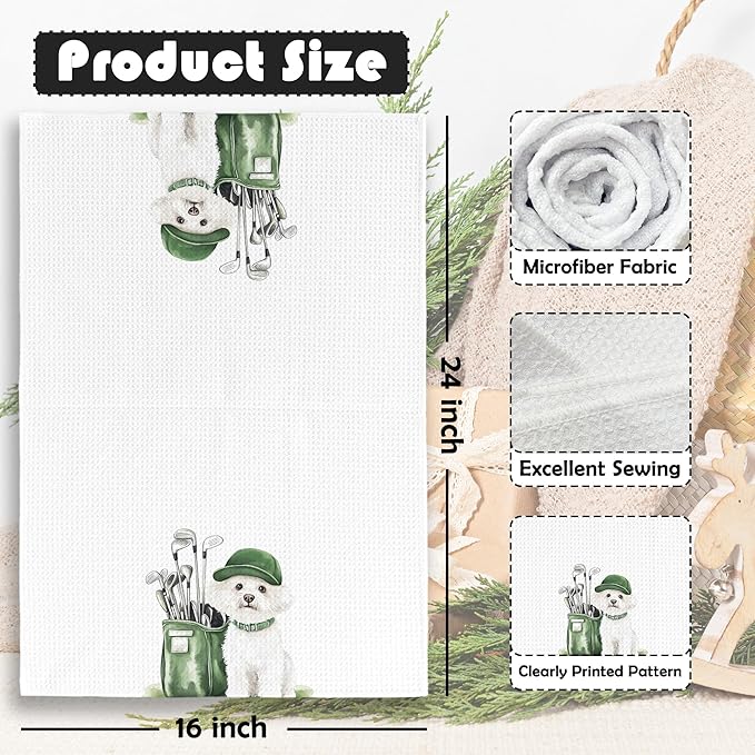 Golf Dog Kitchen Towels - Maltese Dish Towels, Sports Gifts, Pet Golf Club Decorative Absorbent Dishcloths Hand Towels for Kitchen Gym Spa Decor 16x24 Inches