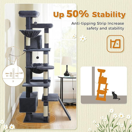 MUTTROS 81 Inch Tall Cat Tree for Big Cats & Multi-Cat Homes, Large Heavy Duty Cat Tower with Metal Frame Hammock, 6 Scratching Posts, 2 Condos, 2 Perches, Scratching Pad - Dark Grey