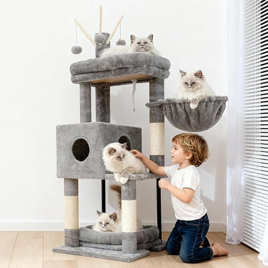 Heybly Cat Tree, 45.3-Inch Cat Tower for Indoor Cats with Large Perch, All-in-One Cat Furniture with Cozy Bed, Hidden Space Cat Condo, Comfy Hammock, Scratching Posts & 3 Pompoms, Light Gray HCT202SW