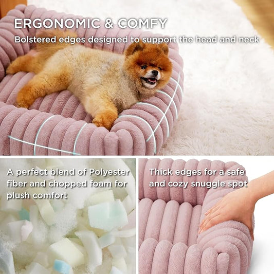 Bedsure ComfyFleece™ Cute Dog Bed for Small Medium Dogs - Washable Furry Puppy Beds, Rectangle Orthopedic Corduroy Fleece Pet Beds with Removable Zipper Cover, 25x21x7inches, Blush Pink