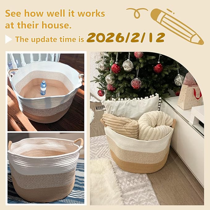 40L Large Cotton Rope Basket, Decorative Woven Blanket Storage for Living Room, Boho Toy Storage & Toy Box for Kids, Versatile Laundry Basket & Nursery Hamper for Blankets(Brownyellow)
