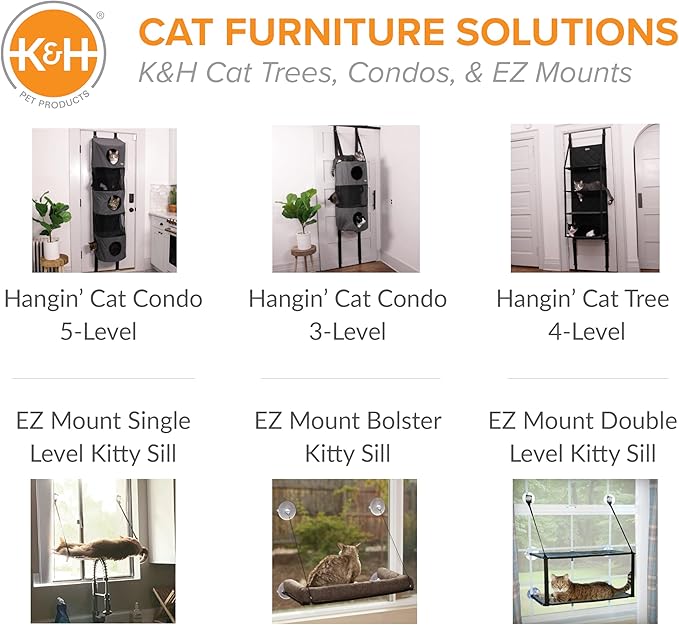 K&H Pet Products EZ Mount Kitty Face Cat Window Perch Bed, Sturdy Cat Window Hammock with Strong Suction Cups, Washable Sleeping Pad, Fits 30" W X 15" H Glass Spaces - Gray Kitty Face Design