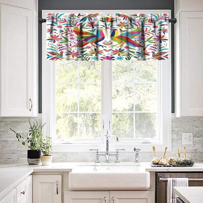 Mexico Valance Curtains Colorful Pigeons Pheasant Pattern Window Treatment Valances Short Curtains Rod Pocket Drape for Dining Room Home Kitchen Decor, 54x18inch