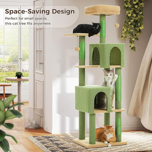 MUTTROS 62" Cat Tree for Indoor Cats, Multi-Level Cat Tower for Large Cats with Scratching Posts, 2 Spacious Plush Condos, Padded Perch, Soft Cat Bed, Scratching Pad & 2 Pompoms, Green