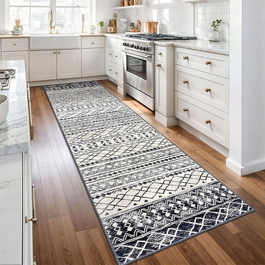 KUTA Moroccan Washable Runner Rug, 2.6x10 Non-Slip Vintage Black Navy Blue Boho Hallway Kitchen Rugs Ultra Soft Geometric Floor Carpet Runners for Bedroom Laundry Living Room