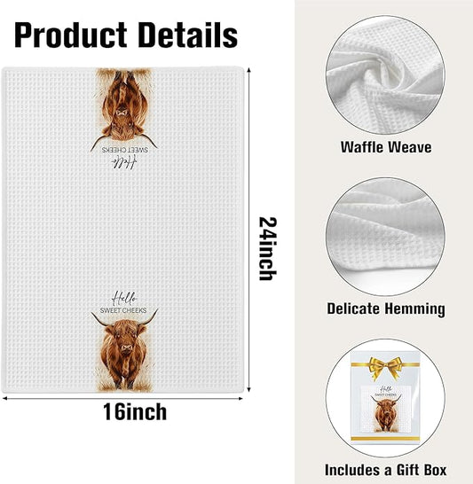 Highland Cow Farmhouse Hand Towels for Bathroom Kitchen Decor | Waffle Weave Microfiber Dish Towel Set | Hello Sweet Cheeks Farmhouse Cow Decorative - A01