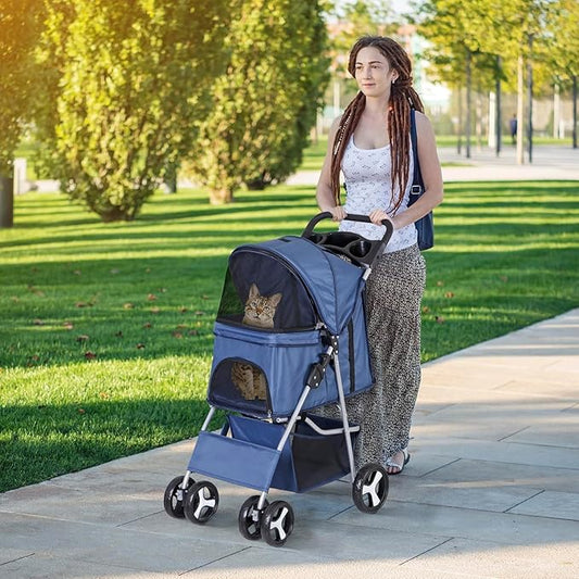 LEMY Pet Stroller,4 Wheels Dog Cat Stroller with Storage Basket&Cup Holder,Folding Dog Cat Cage Jogger Strollers for Small Medium Dogs Cats Travel,Navy Blue