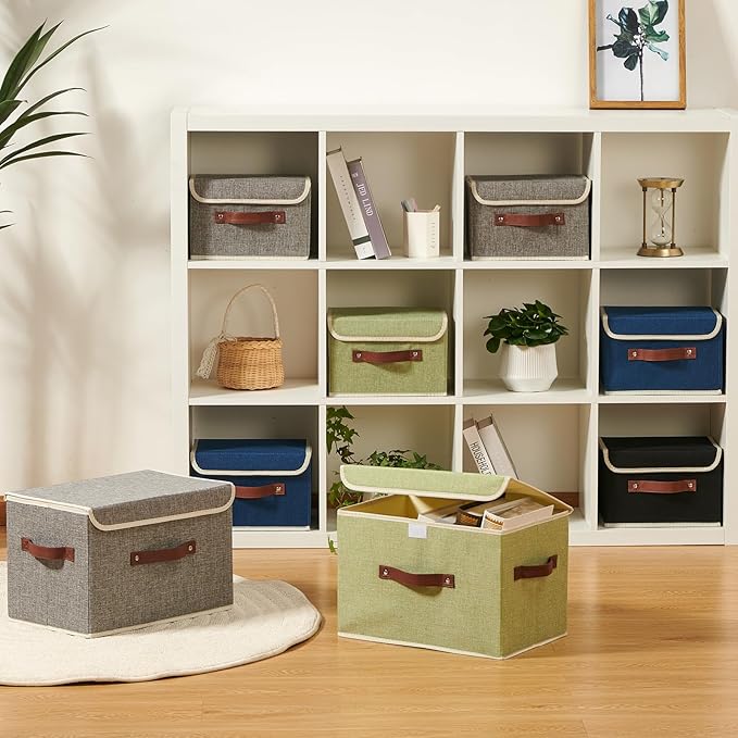 2PCS Storage Boxes with Lid Cotton Linen Fabric Storage Bins Organizer Container Decorative Collapsible Washable Shelf Closet Baskets Faux Leather Handles Home Bedroom (Deep Blue, Small)
