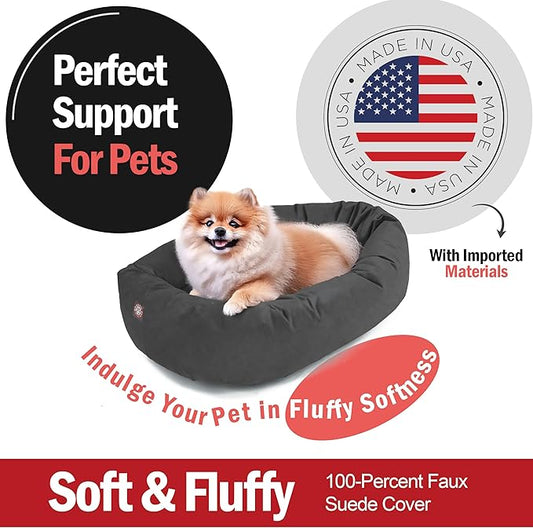 Majestic Pet Suede Shredded Memory Foam Mix Calming Dog Bed Washable - Cozy Soft Round Dog Bed with Spine for Head Support - Fluffy Donut Dog Bed, 24 Inch, Gray
