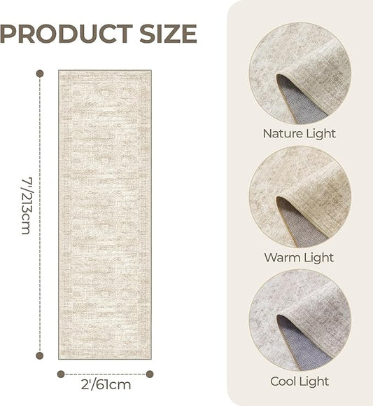 2x7 Runner Rug Non Slip, Thin Entryway Washable Rug for Entryway, Runners for Hallways, Low Pile Vintage Abstract Soft Rugs for Living Room, Kitchen, Bedroom(2'x7', Beige/Ivory)