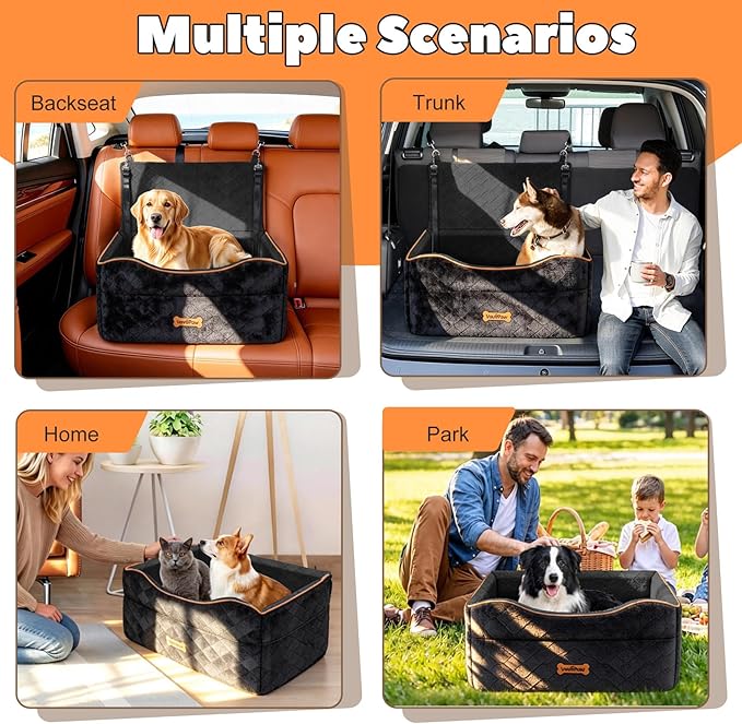 Medium Dog Car Seat, Dog Booster Seat Under 50Lbs or 2 Small Dogs Washable, Pet Car Seats with 2 Safety Leash, Dogs Sofa Bed Cushion Add Thick Sponge, Pet Cars Carrier for Travel, Black