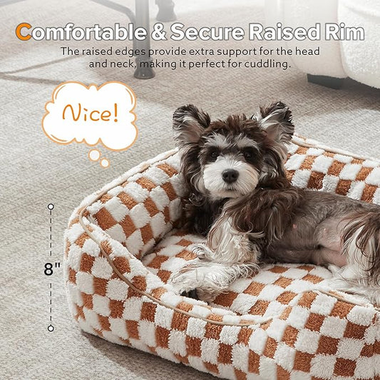 JOEJOY Dog Bed for Large Medium Small Dogs - Rectangle Orthopedic Dog Sofa Bed, Cute Modern Puppy Bed with Jacquard Shaggy Plush & Anti Slip Bottom, 30x24x9inches, Brown